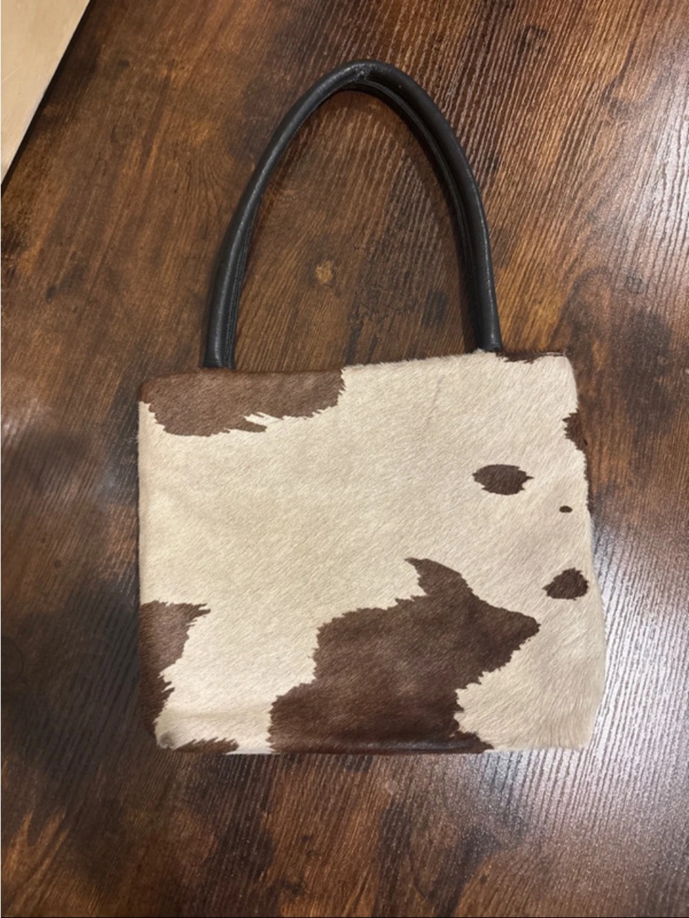 Vintage Cowhide Shoulder Bag in Brown and Cream with Black leather Handles